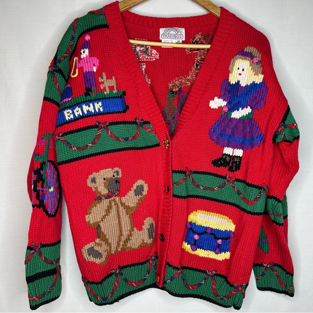 Vintage Traditional Trading Co Christmas Toy Motif Cotton Cardigan Size Medium